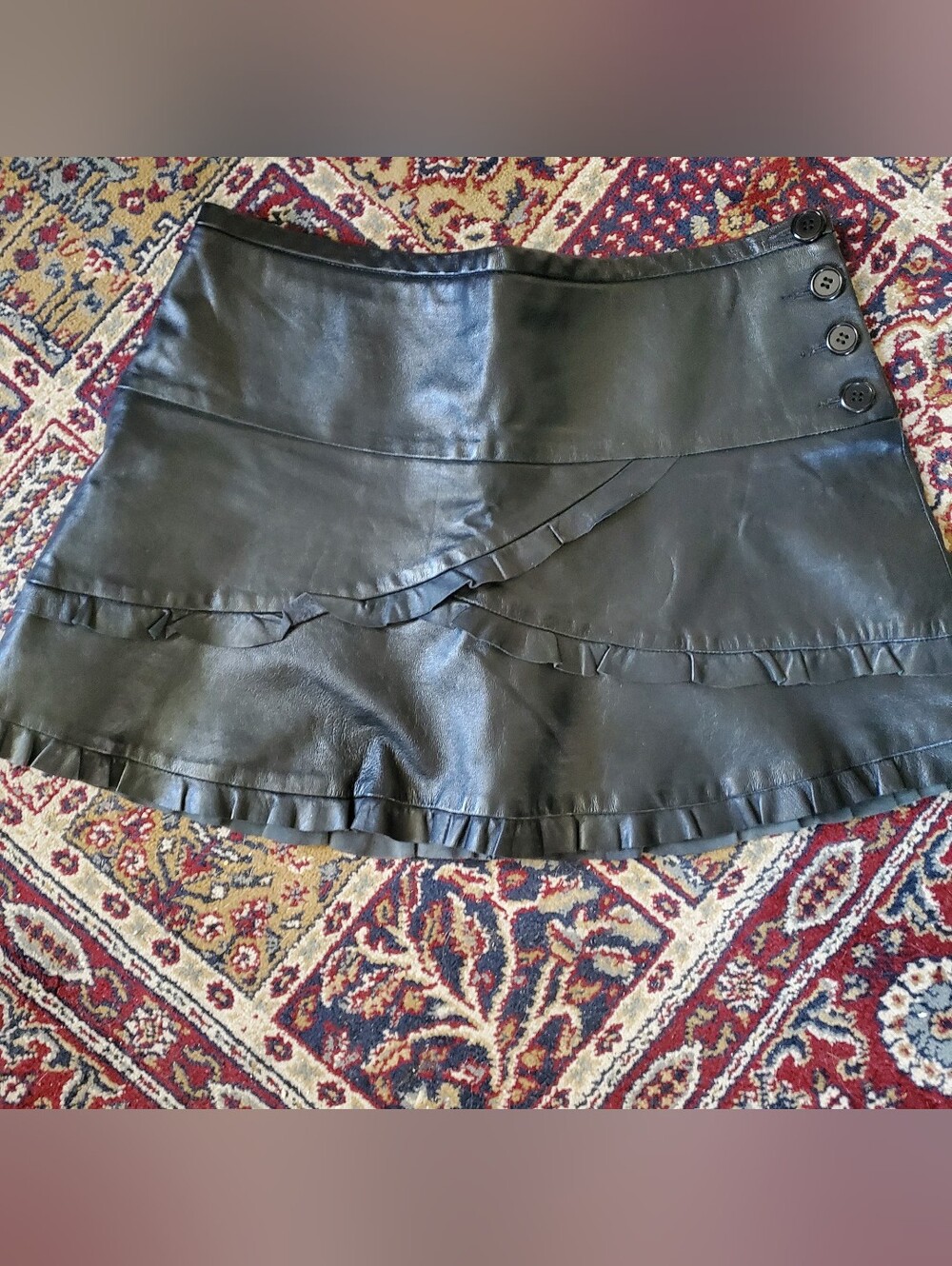 BCBG Maxazria Black Faux Leather Ruffle Mini Skirt